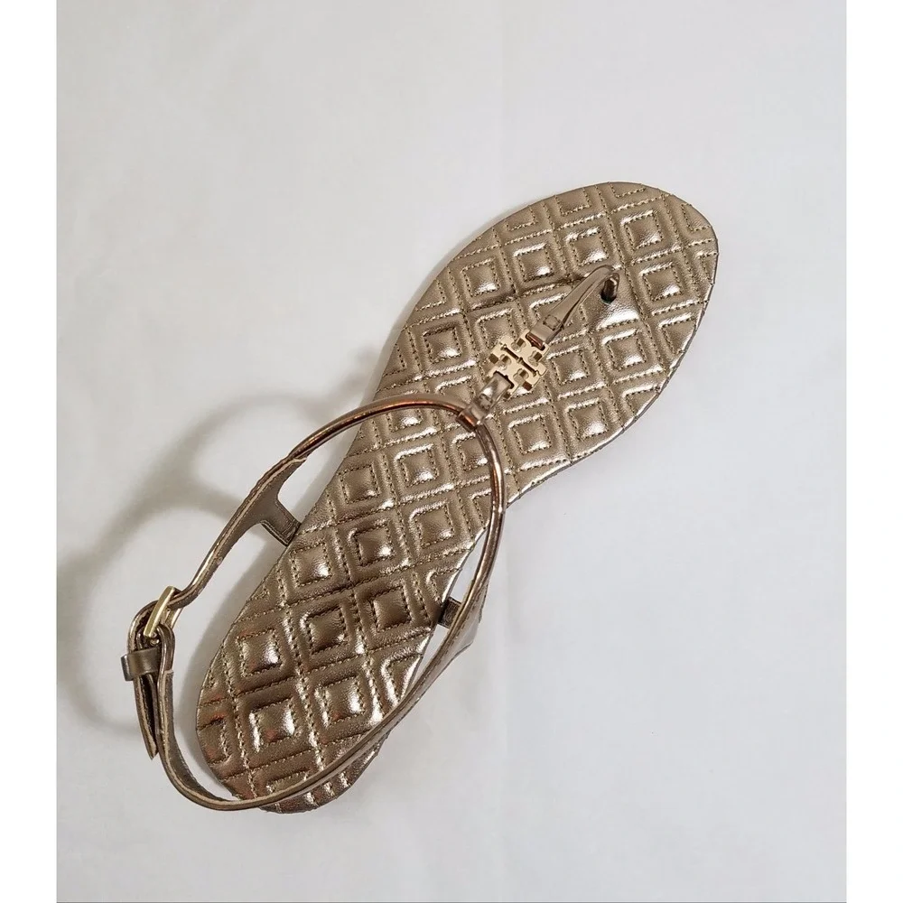 NIB Tory Burch Marion Quilted Leather T-Strap Sandal in Mica Gold Size 9.5 $225‎